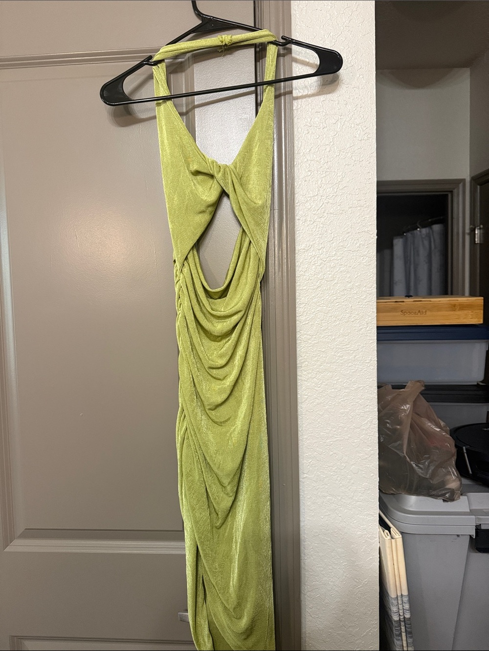 Backless Halter Dress in Lime Green - Draped Evening Style